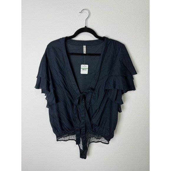 Free People Tops - Free People Intimately Black Ruffle Sleeve Tie Front Mesh Bodysuit OB959390 L